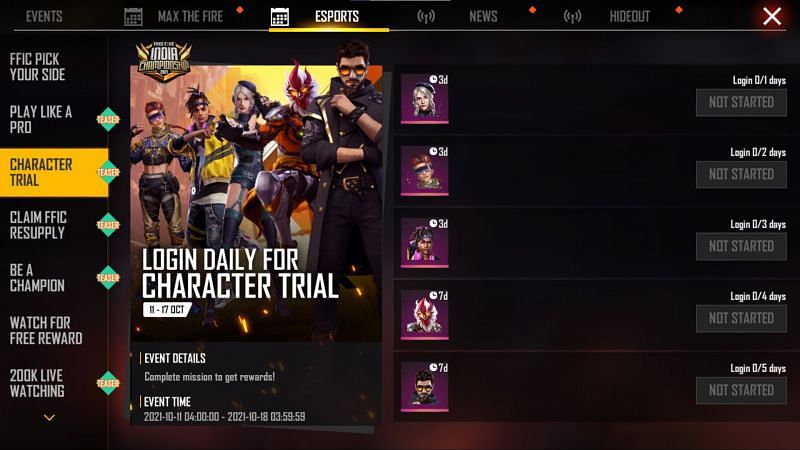 This login event will provide players with character trials in Free Fire (Image via Free Fire)